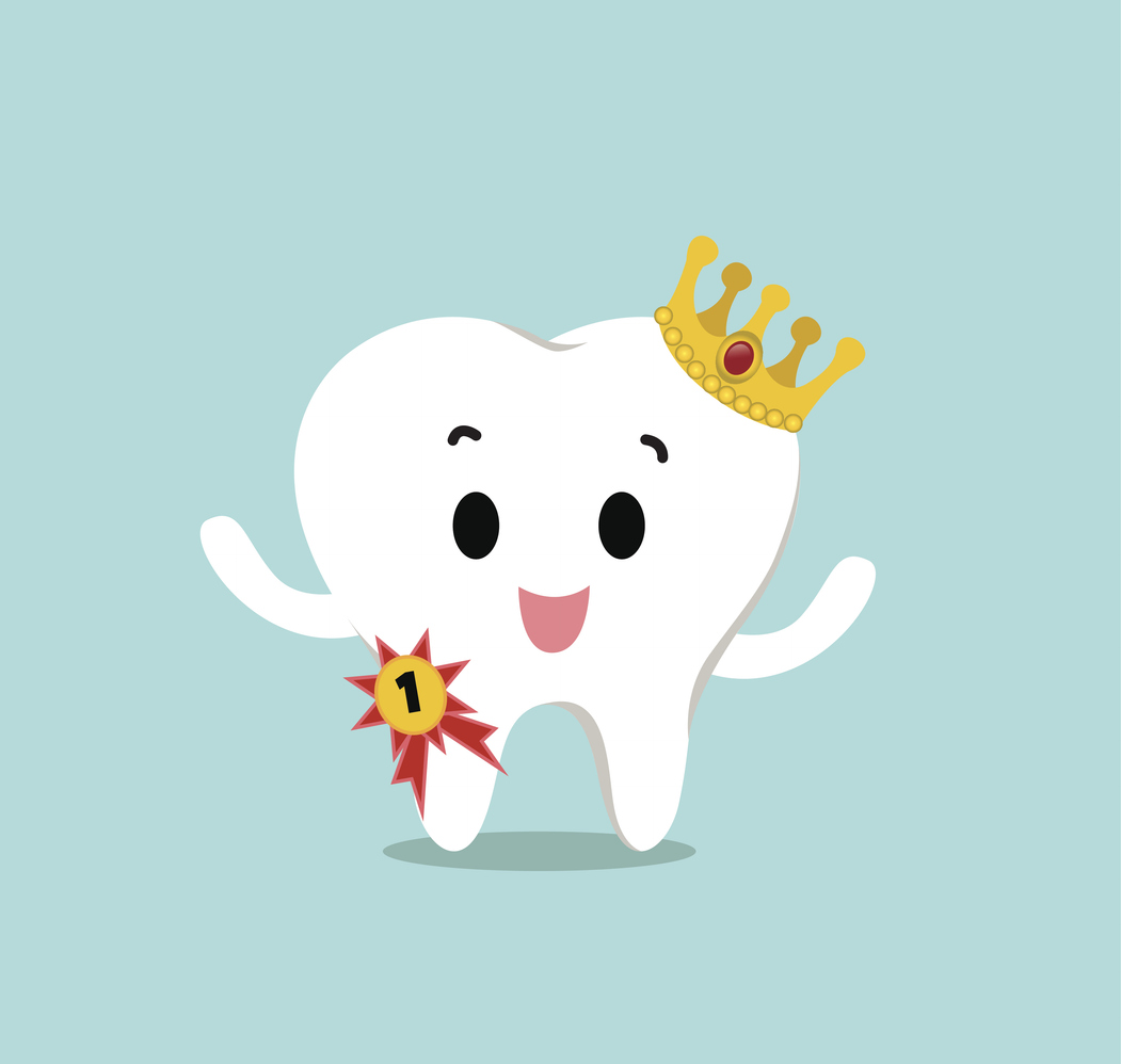 A digital image of a tooth with a happy face, wearing a gold crown and a yellow and red ribbon displaying the number 1.